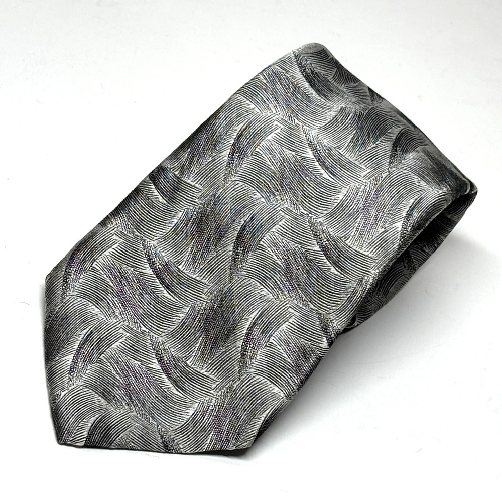 Yves Saint Laurent Necktie Mens OS Silver Silk Geometric Made in USA Luxury